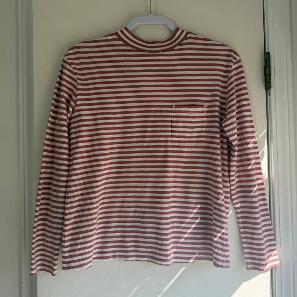 Garnet Hill Organic Pima Cotton Striped Mock Neck Pocket Tee Rust White XS